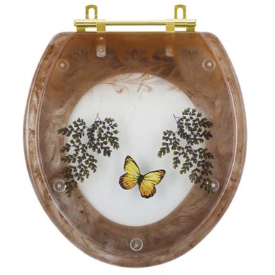 Assento Sanitário Poliester Oval Caramelo Decorado Borboleta Amarela Com Ferragem Dourada