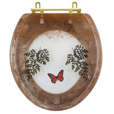 Assento Sanitário Poliester Oval Caramelo Decorado Borboleta Vermelha Com Ferragem Dourada