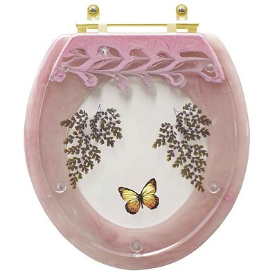 Assento Sanitário Poliester Oval Rosa Quartzo Decorado Borboleta Amarela Com Ferragem Dourada