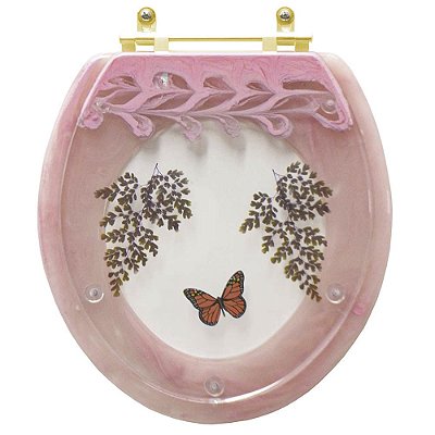 Assento Sanitário Poliester Oval Rosa Quartzo Decorado Borboleta Vermelha Com Ferragem Dourada