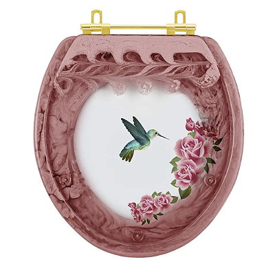 Assento Sanitário Poliester Decorada Convencional Rosa Quartzo Beija Flor Com Ferragem Dourada