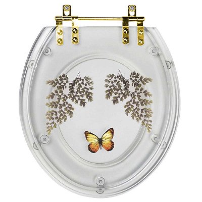 Assento Sanitário Poliester Oval Transparente Decorado Borboleta Amarela Com Ferragem Dourada