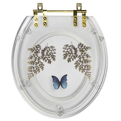 Assento Sanitário Poliester Oval Transparente Decorado Borboleta Azul Com Ferragem Dourada