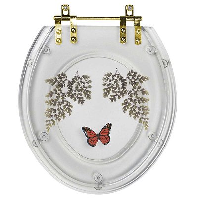 Assento Sanitário Poliester Oval Transparente Decorado Borboleta Vermelha Com Ferragem Dourada