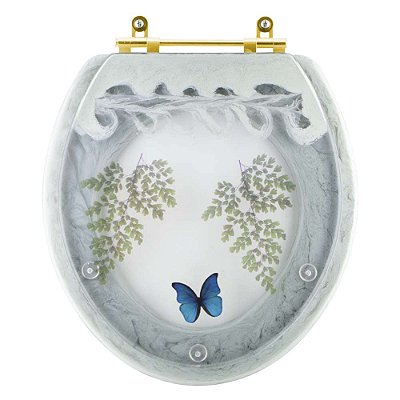 Assento Sanitário Poliester Oval Verde Agua Decorado Borboleta Azul Com Ferragem Dourada