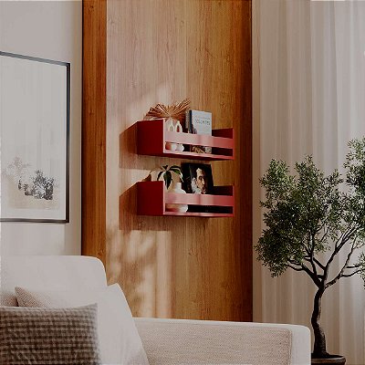 Kit 2 Prateleiras Porta Livros Vermelha 50 x 12cm Suporte Invisivel