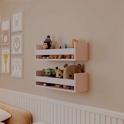 Kit 2 Prateleiras Porta Brinquedos Rosa 50 x 12cm Suporte Invisivel