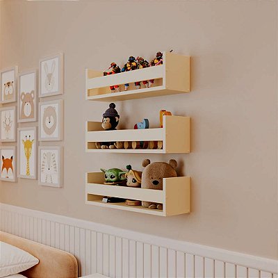 Kit 3 Prateleiras Porta Brinquedos Bege Claro 50 x 12cm Suporte Invisivel