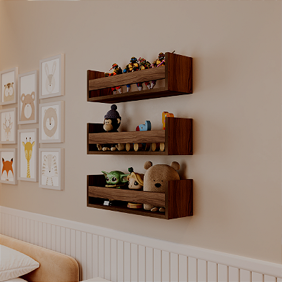 Kit 3 Prateleiras Porta Brinquedos Nogal 60 x 12cm Suporte Invisivel