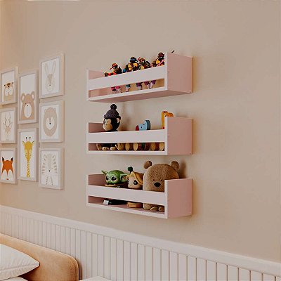 Kit 3 Prateleiras Porta Brinquedos Rosa 60 x 12cm Suporte Invisivel