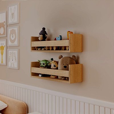 Kit 2 Prateleiras Porta Brinquedos Carvalho 70 x 12cm Suporte Invisivel