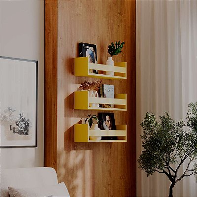 Kit 3 Prateleiras Porta Objetos Amarela 70 x 12cm Suporte Invisivel