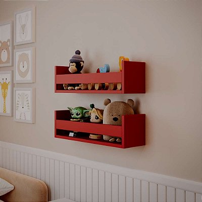 Kit 2 Prateleiras Porta Brinquedos Vermelha 70 x 12cm Suporte Invisivel