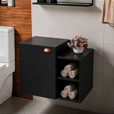 Gabinete Suspenso Banheiro Íbis Preto Puxador Rose Gold
