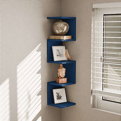 Prateleira de Canto Lyra 4 Nichos Decorativos Azul para Sala Quarto Livros