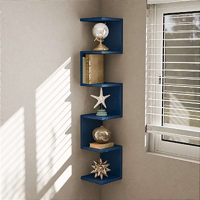 Prateleira de Canto Lyra 5 Nichos Decorativos Azul para Sala Quarto Livros