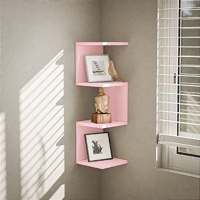 Prateleira de Canto Lyra 3 Nichos Decorativos Rosa para Sala Quarto Livros