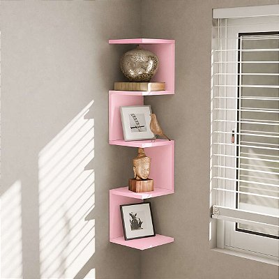 Prateleira de Canto Lyra 4 Nichos Decorativos Rosa para Sala Quarto Livros
