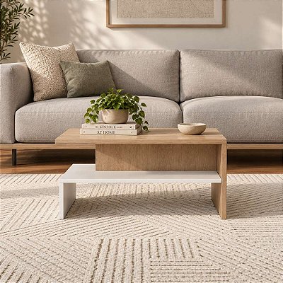 Mesa de Centro Mezza Branca com Carvalho para Sala e Quarto