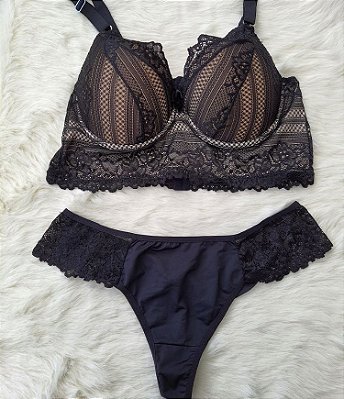 Lingerie conjunto de sutiã e calcinha renda preto e bege