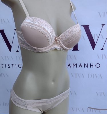 Lingerie conjunto de sutiã e calcinha tanga com renda bege