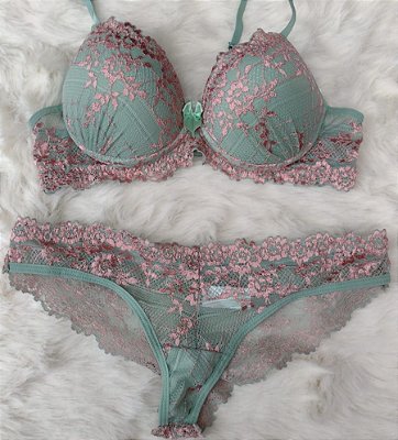 Lingerie conjunto de sutiã e calcinha renda verde água e rosa com bojo e aro