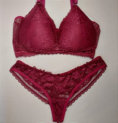 Lingerie conjunto de sutiã e calcinha renda vinho com bojo sem aro