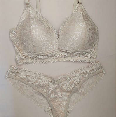 Lingerie conjunto de sutiã e calcinha renda bege com bojo sem aro