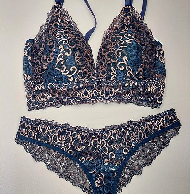 Lingerie conjunto de sutiã e calcinha renda azul marinho com detalhe em rosa com bojo sem aro
