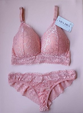 Lingerie conjunto de sutiã e calcinha renda rosa romance com bojo sem aro