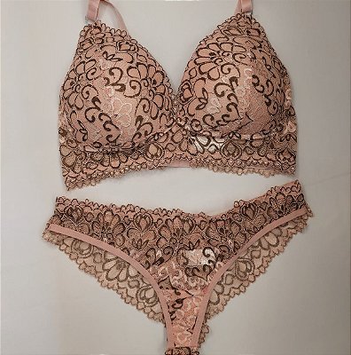 Lingerie conjunto de sutiã e calcinha renda rosê com detalhes em marrom com bojo sem aro