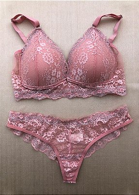 Lingerie conjunto de sutiã e calcinha renda rosa com prata com bojo sem aro