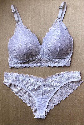 Lingerie conjunto de sutiã e calcinha renda branca com bojo sem aro