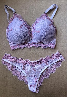 Lingerie conjunto de sutiã e calcinha renda branco com rosa com bojo sem aro