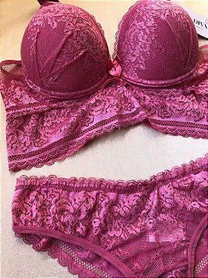Lingerie conjunto de sutiã e calcinha renda rosa antigo com bojo e aro