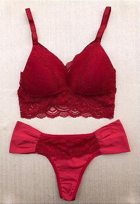 Lingerie conjunto de sutiã e calcinha renda vermelha com bojo sem aro