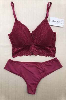 Lingerie conjunto de sutiã e calcinha renda vinho com bojo sem aro