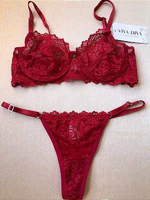 Lingerie conjunto de sutiã e calcinha renda vermelha sem bojo com aro