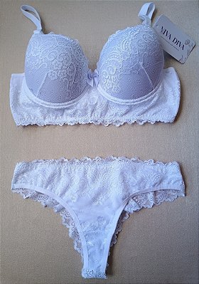 Lingerie conjunto de sutiã e calcinha renda branca com bojo e aro