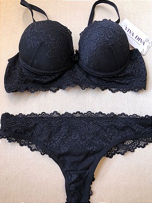 Lingerie conjunto de sutiã e calcinha renda preta com bojo e aro