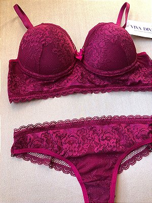 Lingerie conjunto de sutiã e calcinha renda vinho com bojo e aro