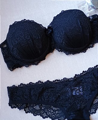 Lingerie conjunto de sutiã e calcinha meia taça renda preta com bojo e aro