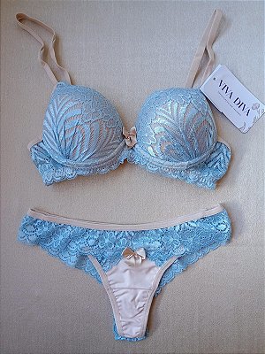 Lingerie conjunto de sutiã e calcinha renda azul claro com bojo e aro