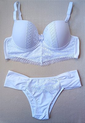 Lingerie conjunto de sutiã e calcinha tanga com renda branca