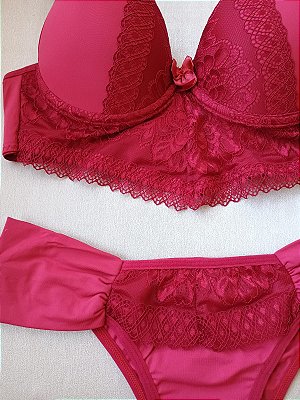 Lingerie conjunto de sutiã e calcinha tanga com renda vermelha