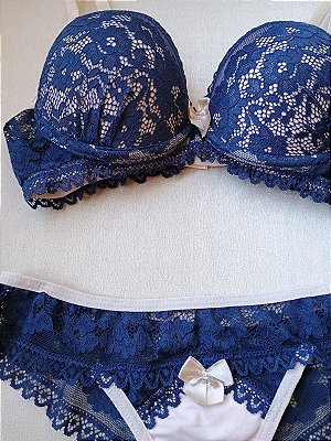 Lingerie conjunto de sutiã e calcinha renda azul e bege com bojo e aro