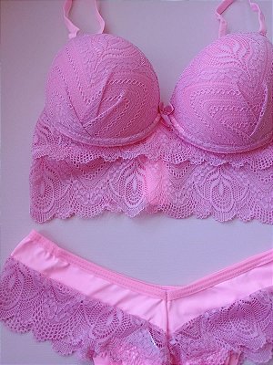 Lingerie conjunto de sutiã e calcinha renda rosa com bojo e aro