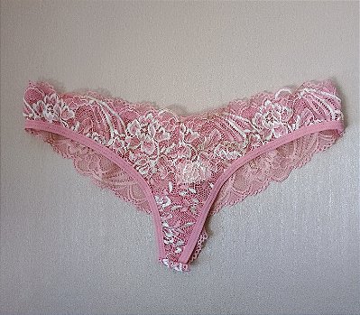Calcinha renda bicolor rosa e bege fio duplo