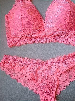 Lingerie conjunto de sutiã e calcinha renda rosa claro neon com bojo sem aro
