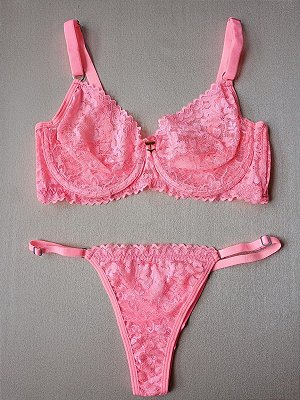 Lingerie conjunto de sutiã e calcinha renda rosa frutilly sem bojo com aro